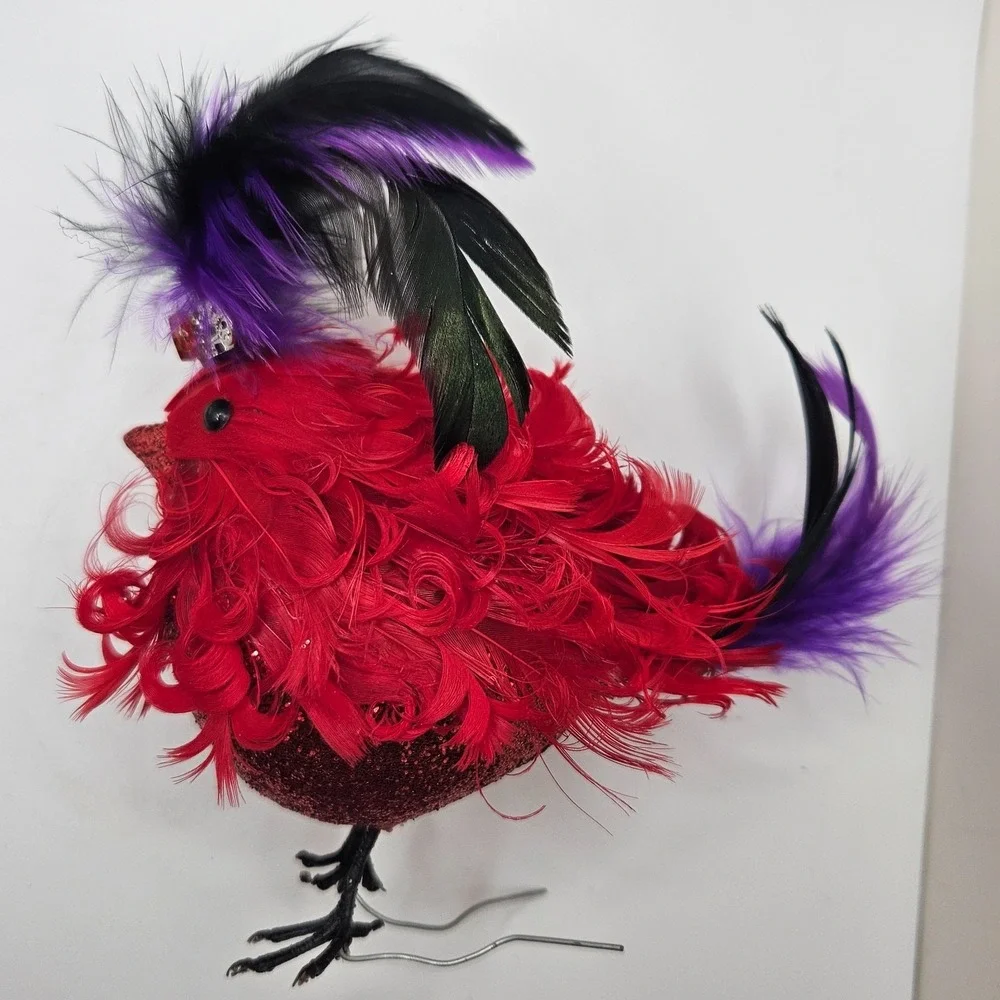 Katherine's Collection Red Feather Bird Ornament Glitter Crown Black Purple‎
